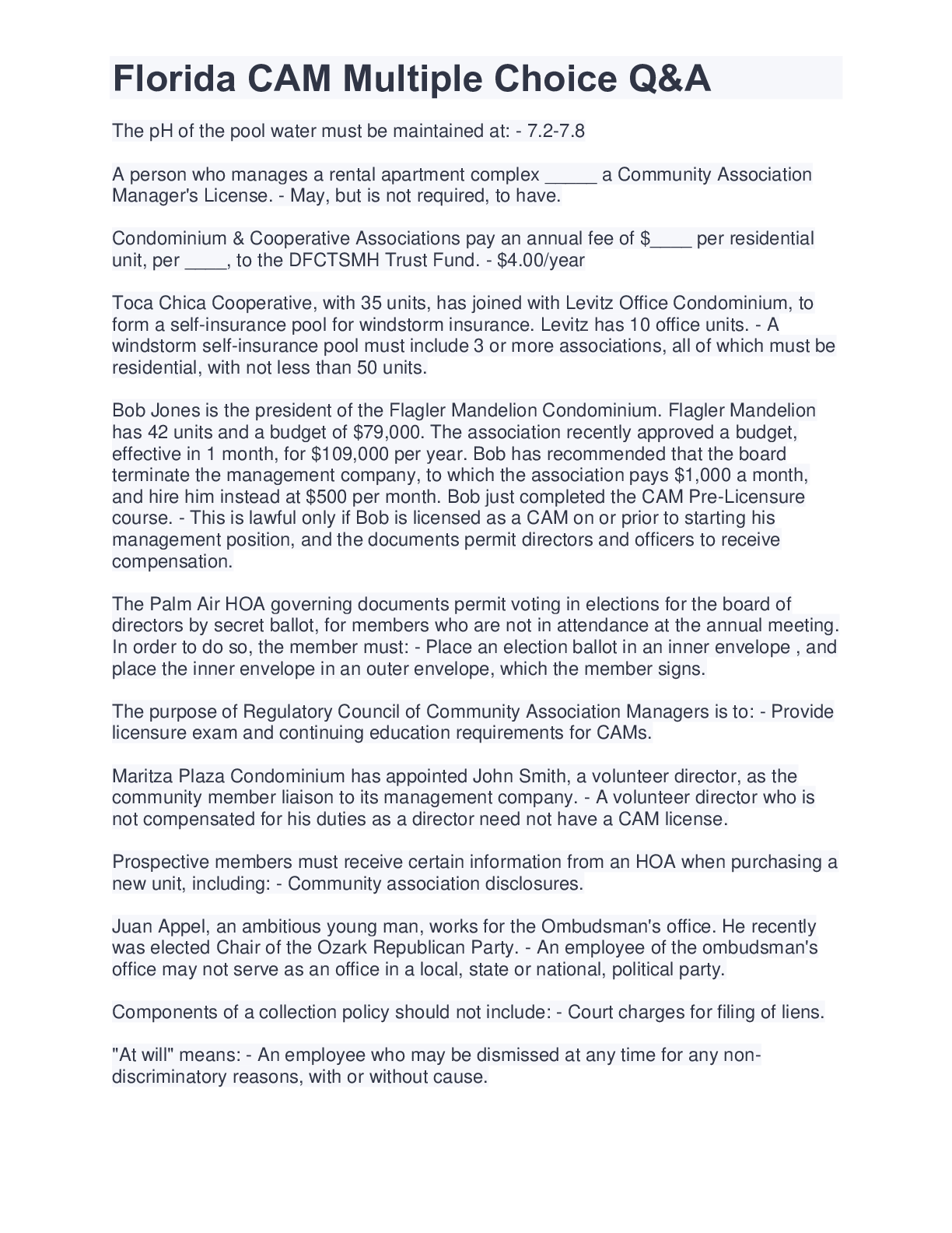 Preview image of Florida CAM Multiple Choice Q&A document